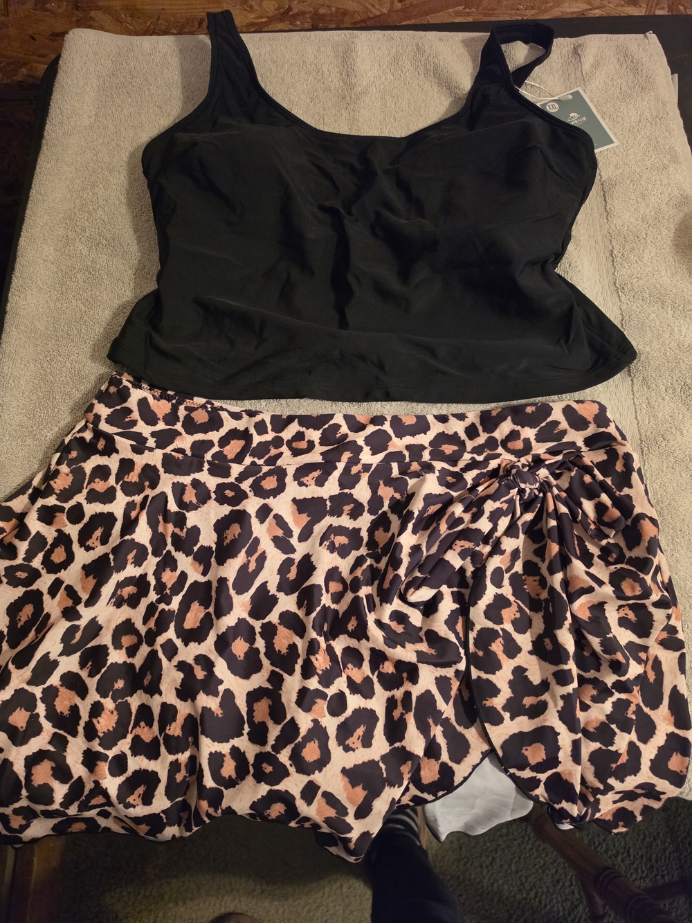 Black Tankini Top with Leopard Print Swim Skirt